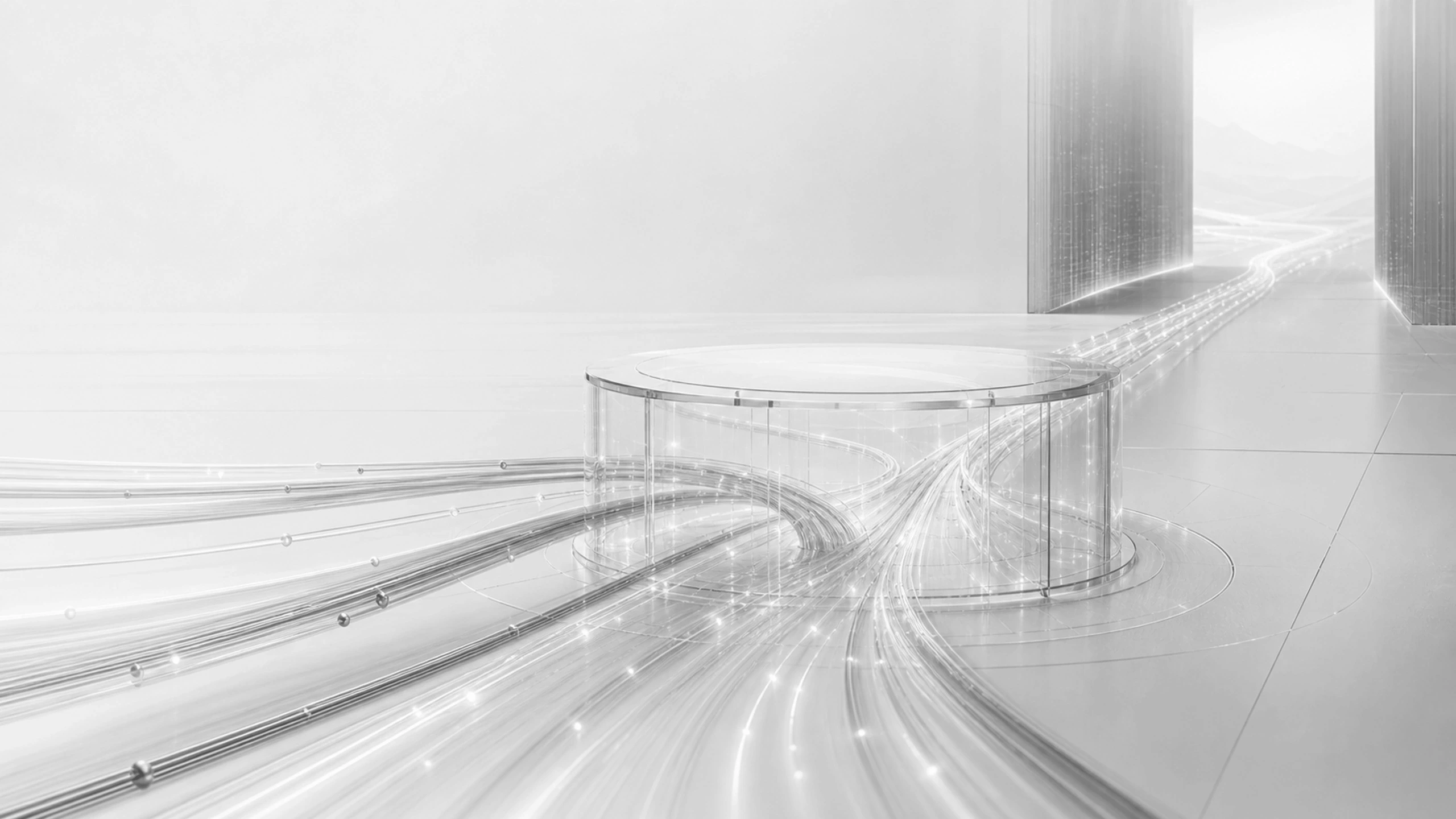 A precise operating path passing through a transparent architectural threshold toward a clear horizon.