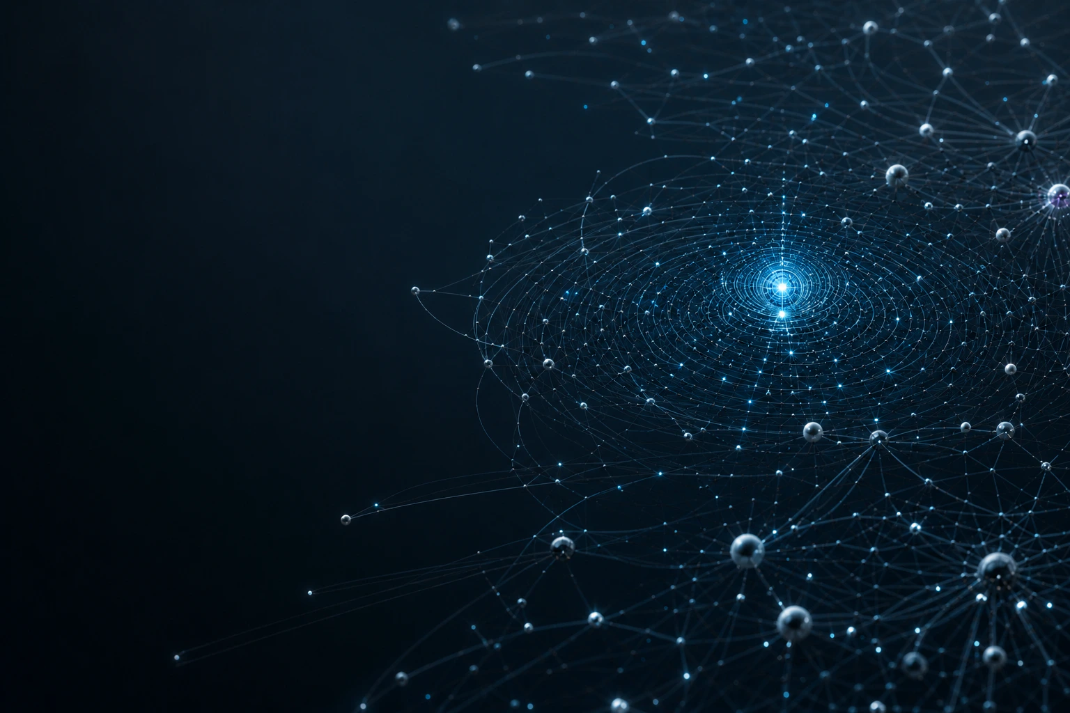A steel enterprise intelligence field converging around a restrained cyan reasoning core.