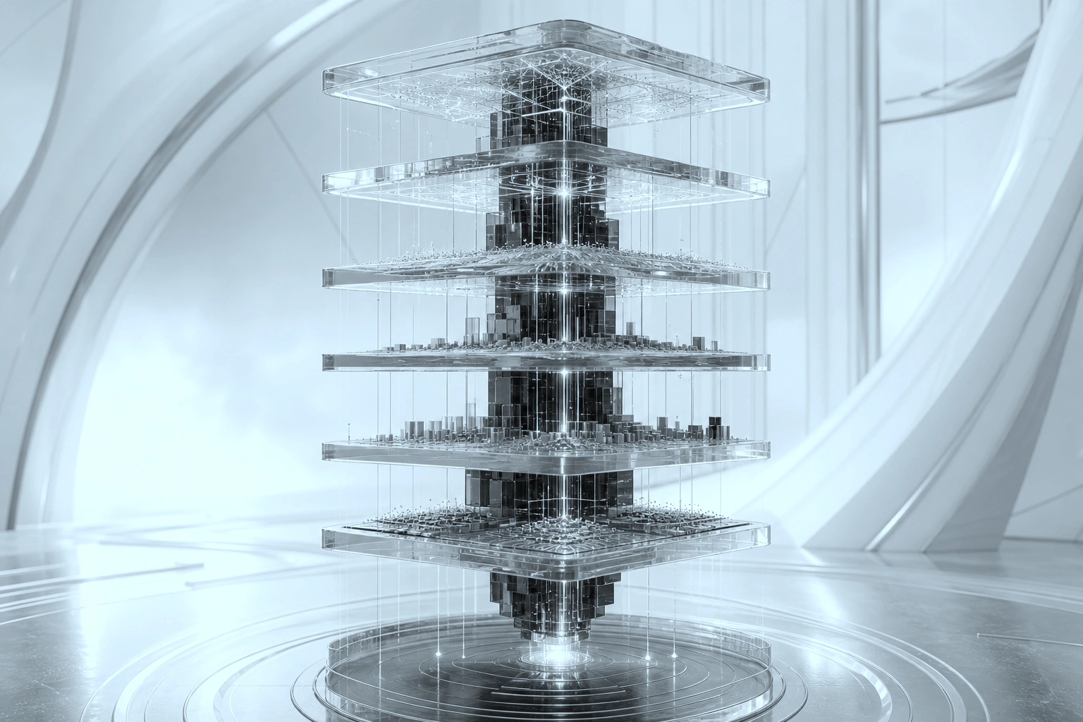 A layered intelligence prism organizing context, memory, reasoning, tools, and evaluation around a precise core.