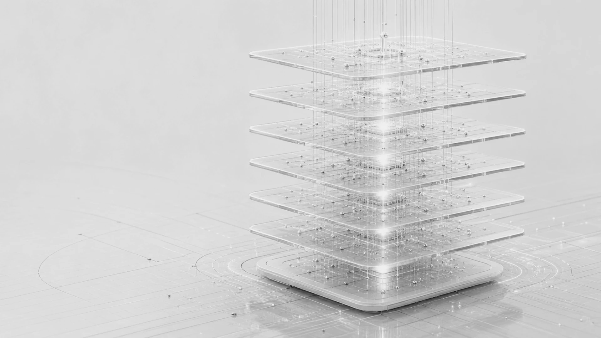 A transparent multi-layer enterprise architecture showing distinct connected operating depths.