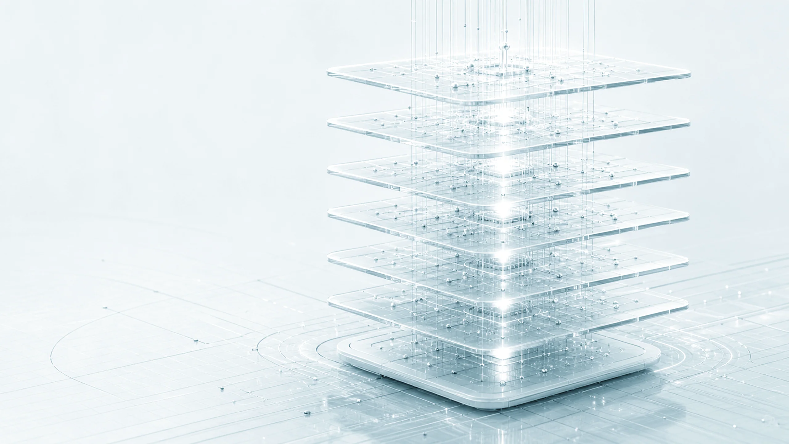 Eight precise transparent infrastructure planes connected by a central intelligence spine.